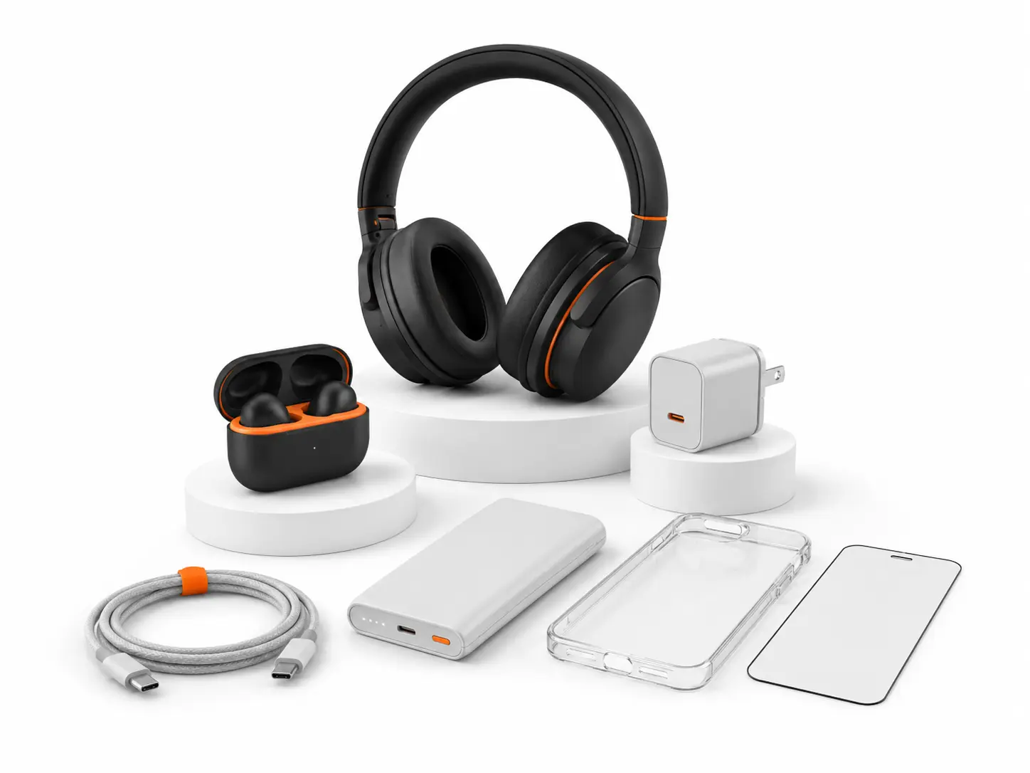 Kulaklık, şarj aleti, kablo, powerbank, kılıf ve ekran koruyucu